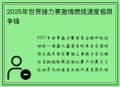 2025年世界接力赛激情燃烧速度极限争锋