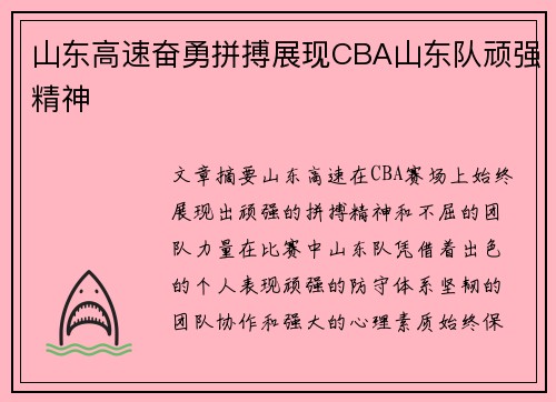 山东高速奋勇拼搏展现CBA山东队顽强精神