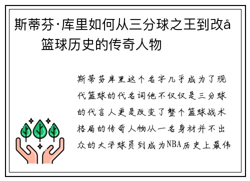 斯蒂芬·库里如何从三分球之王到改变篮球历史的传奇人物
