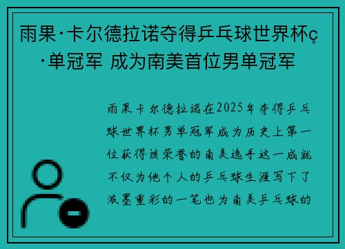 雨果·卡尔德拉诺夺得乒乓球世界杯男单冠军 成为南美首位男单冠军