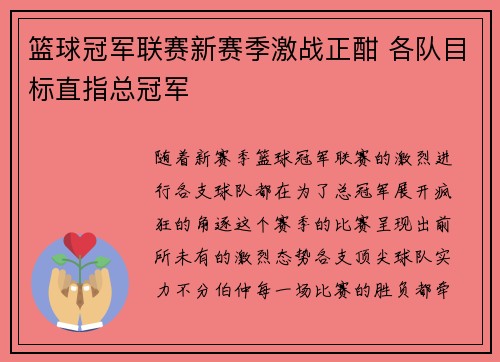 篮球冠军联赛新赛季激战正酣 各队目标直指总冠军