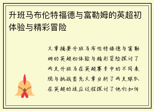 升班马布伦特福德与富勒姆的英超初体验与精彩冒险
