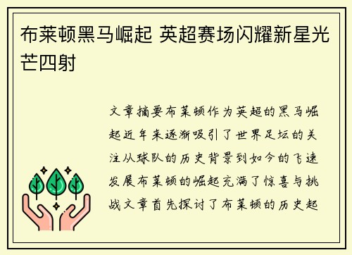 布莱顿黑马崛起 英超赛场闪耀新星光芒四射